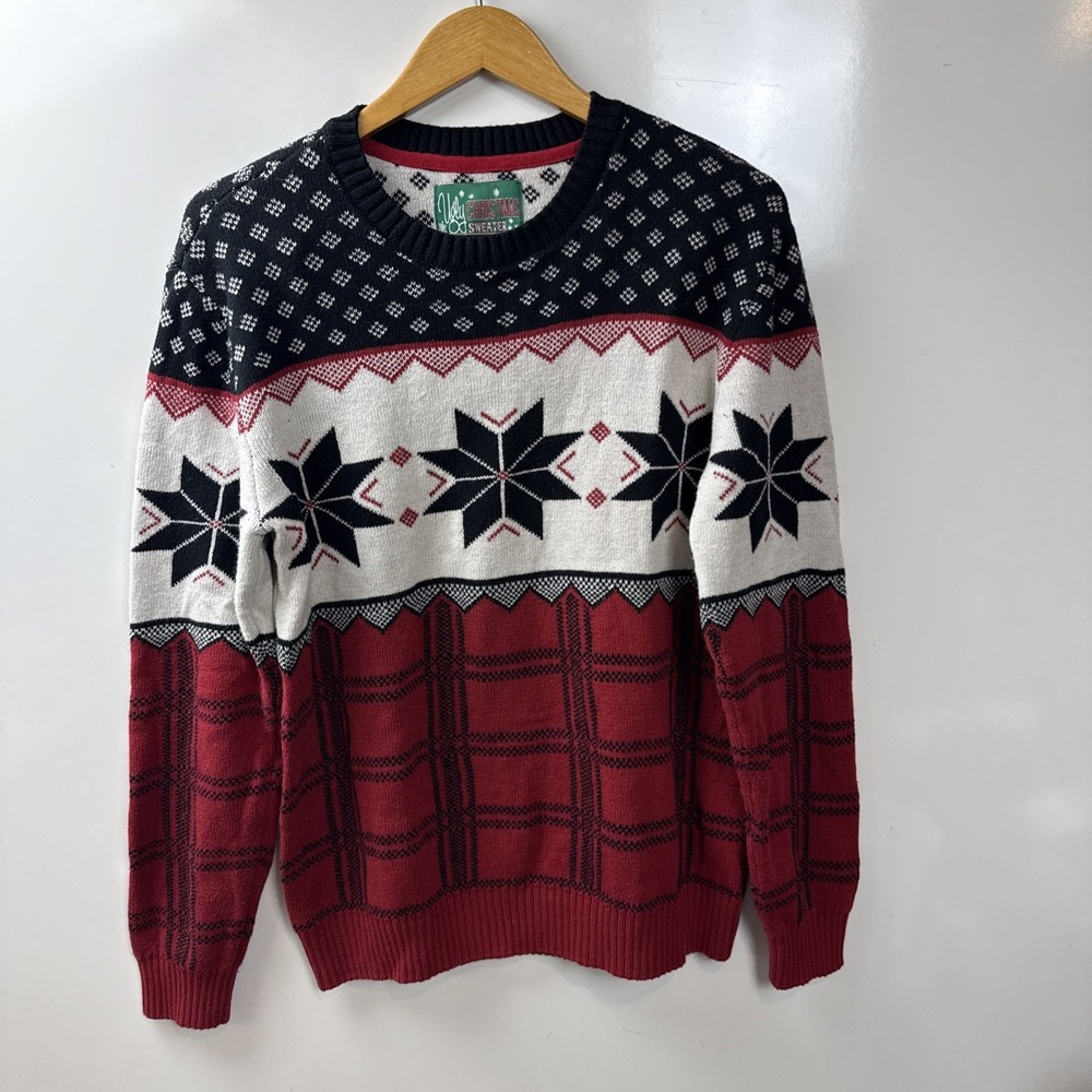 Ugly Christmas Sweater Geometric Red White Black Snow Flakes Medium